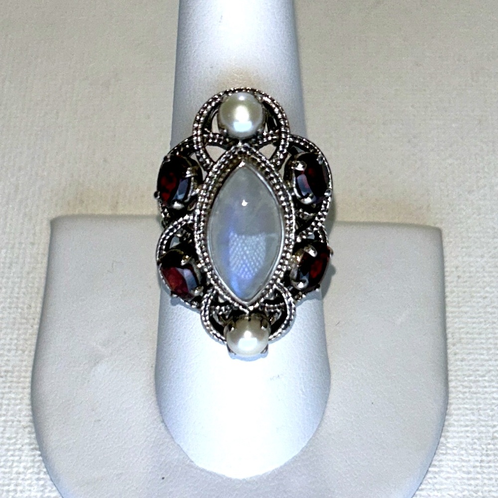 NWOT Sterling Silver Moonstone Garnet Pearl Ring by Designer Nicky Butler Boho